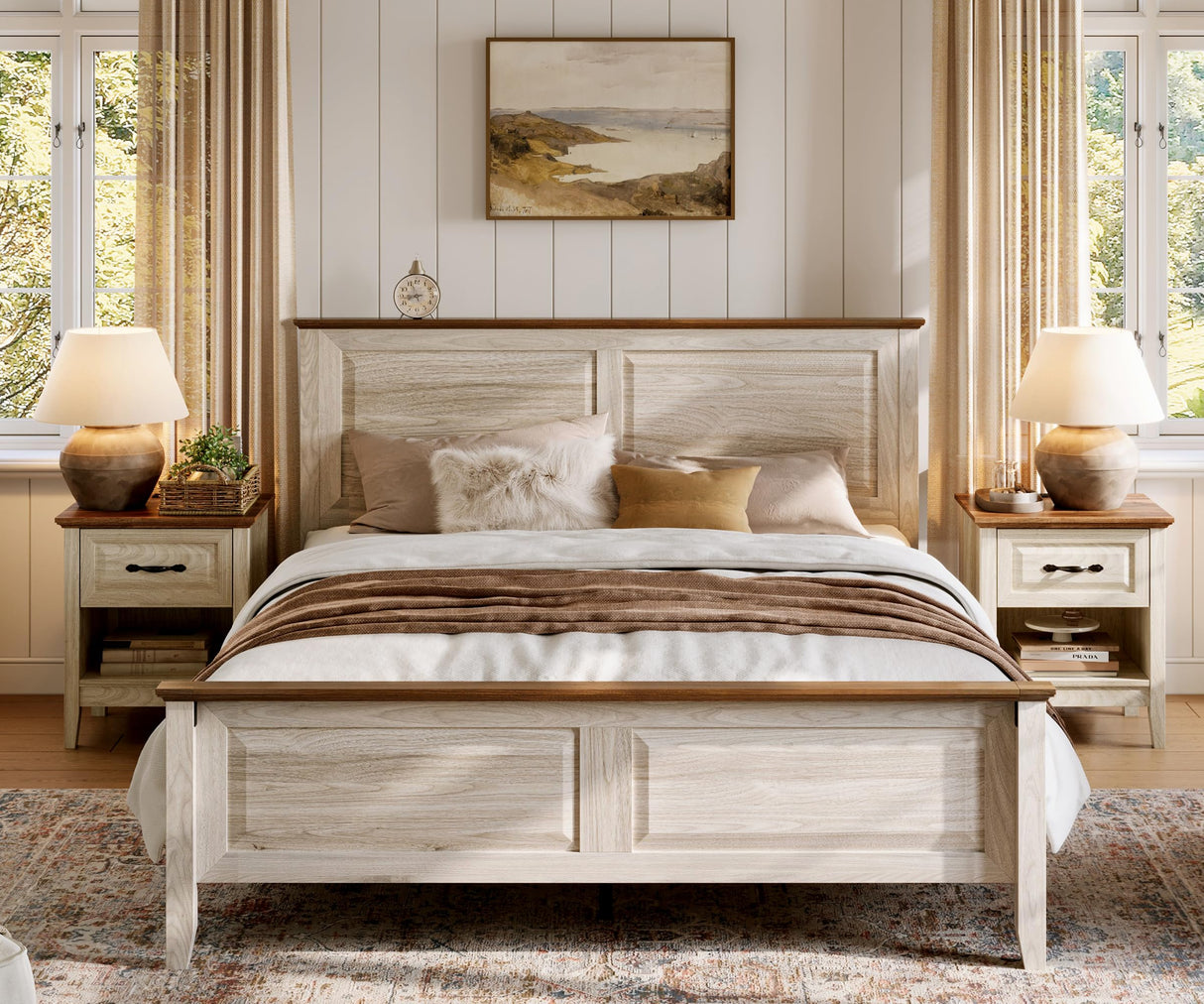 3 Piece Farmhouse Bedroom Set, Queen Bedroom Set Include Wood Queen Bed Frame