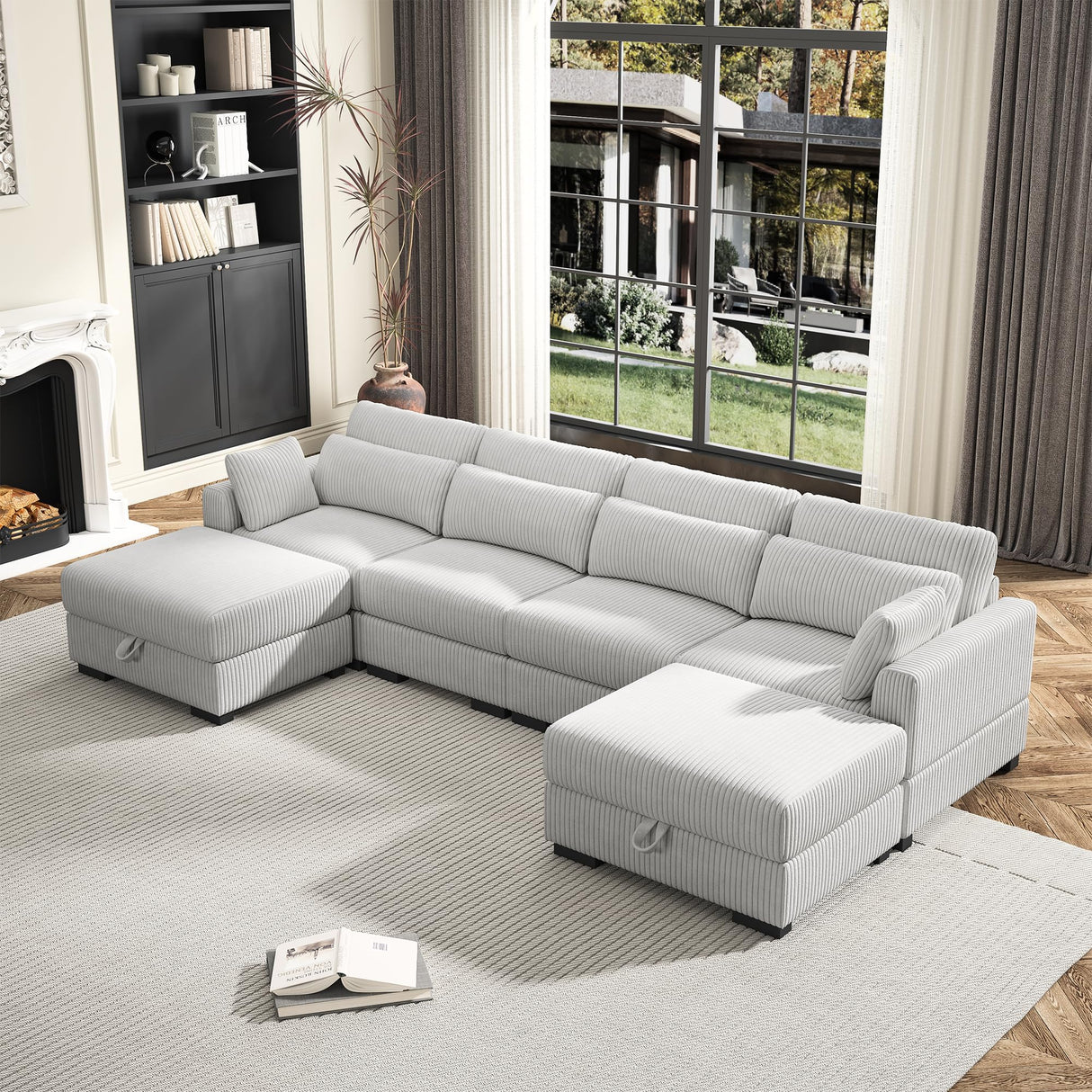 130" Convertible Sectional Sofa Couch, 4 Seater Corduroy Sofa Couch with 6 Pillows