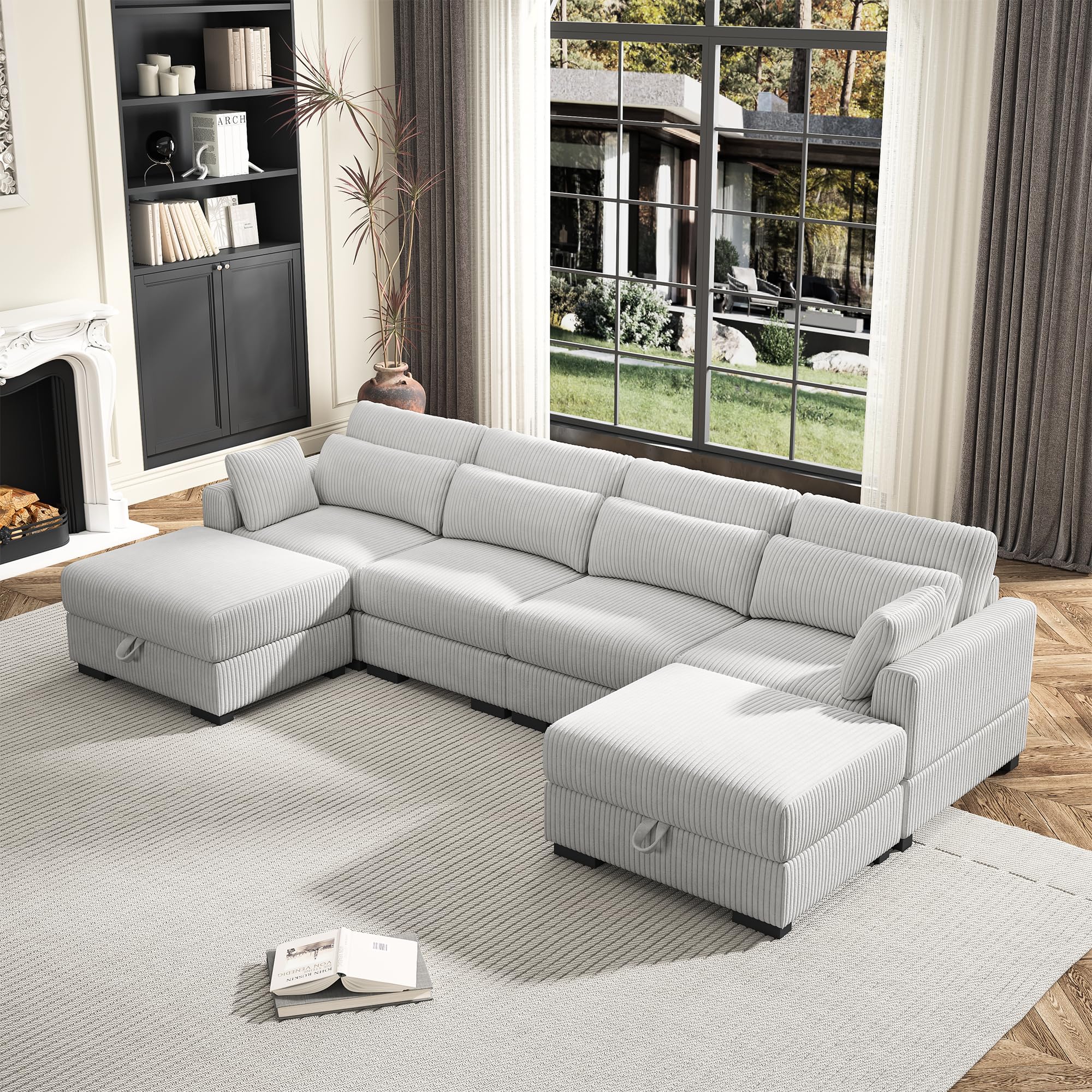 130" Convertible Sectional Sofa Couch, 4 Seater Corduroy Sofa Couch