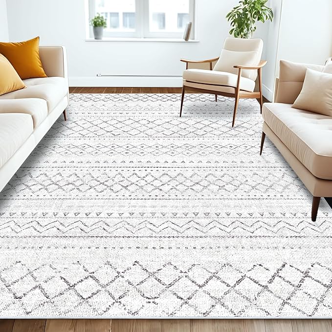 Area Rug for Living Room 9x12: Large Washable Boho Moroccan Rugs Geometric Neutral Rug