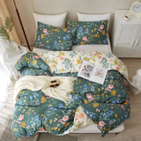 Green and White Floral Duvet Cover King 100% Cotton,Reversible Green Garden Flower