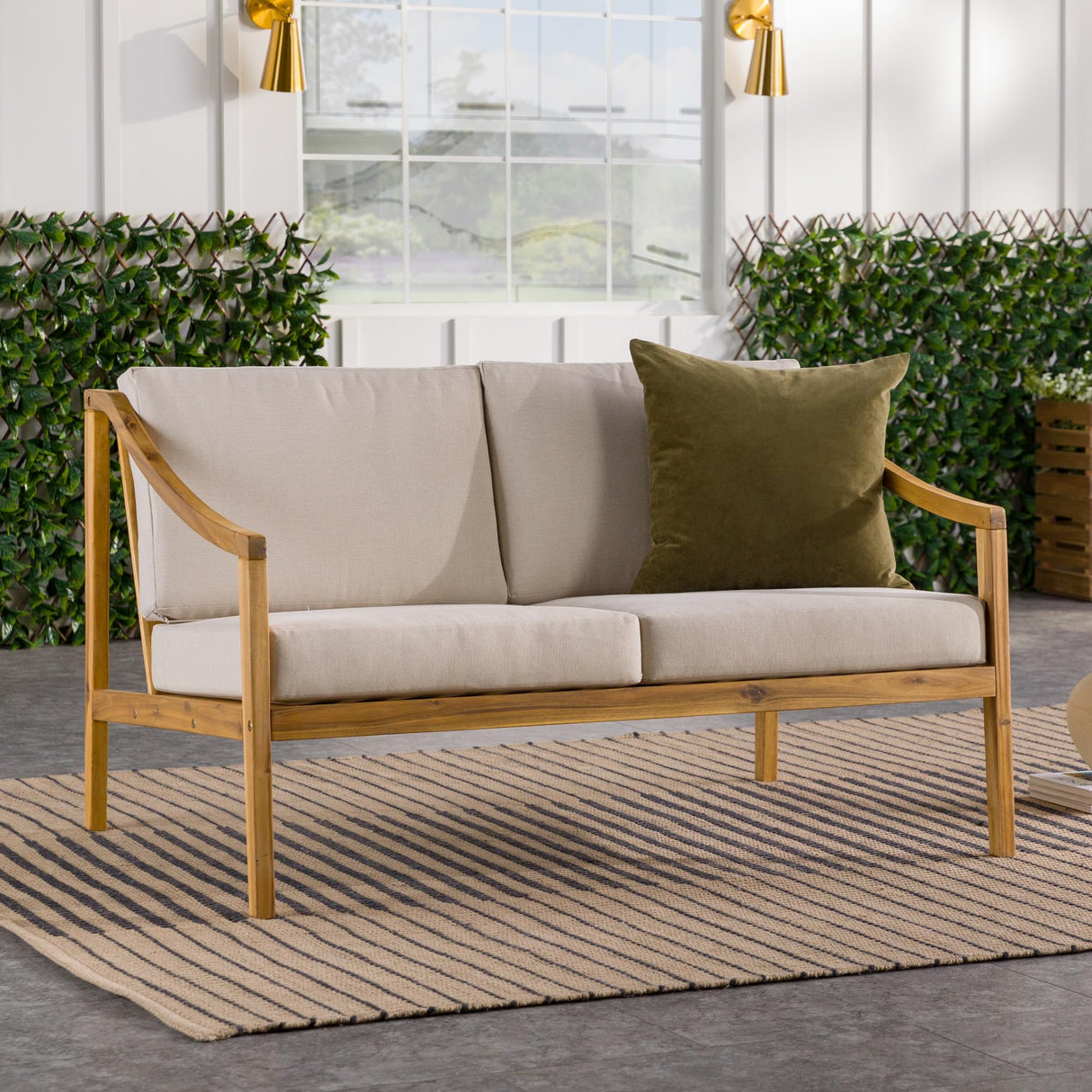 Modern Solid Wood Curved-Arm Cushioned Outdoor Loveseat, 50 Inch, Natural