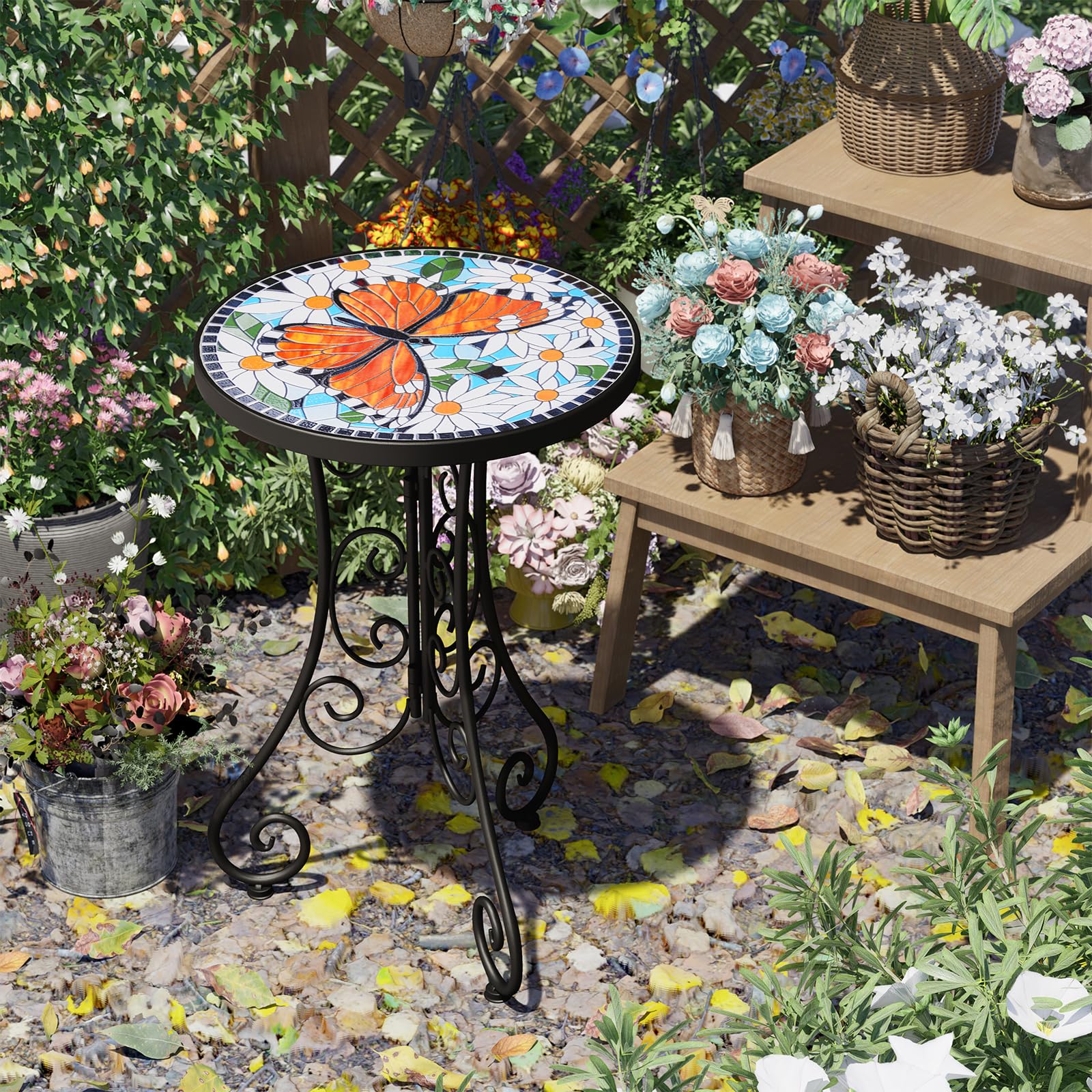 Mosaic Outdoor Side Table, Patio Side Table, Weather Resistant 14" Diameter 21" H Ceramic