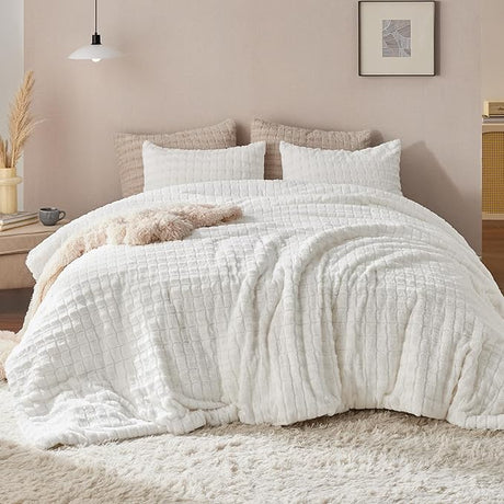 Fluffy Comforter Set King - Ultra Soft Faux Fur Comforter, Linen Comforter Set King Size