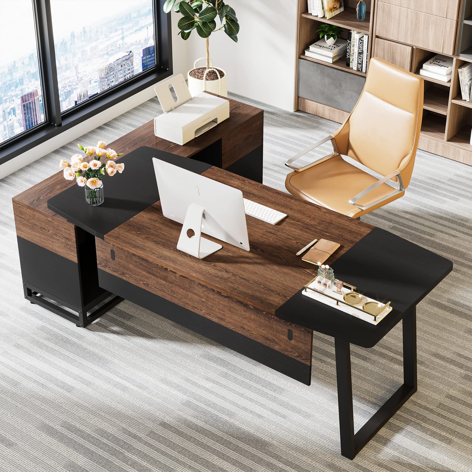 74.8” Executive Desk and 55” Lateral File Cabinet, Large L-Shaped Computer Desk