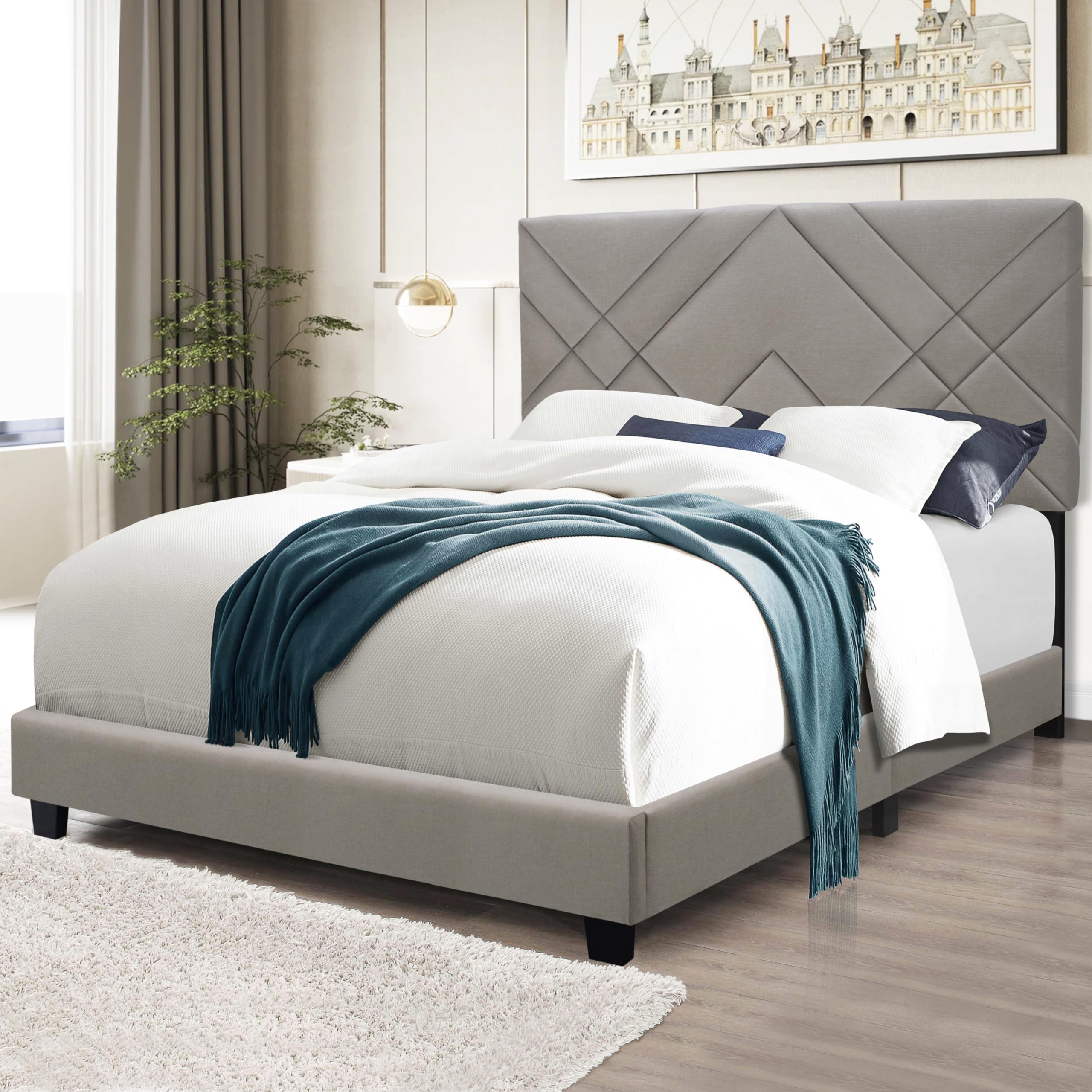 Queen Size Upholstered Platform Bed with Headboard for Bedroom