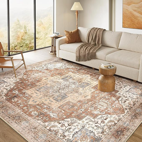 Rug 9x12 Area Rugs: Boho Vintage Distressed Oriental Medallion Neutral Thin Large Rug