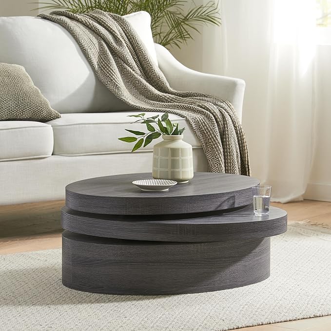 Black Round Coffee Table Modern Side Table End Table for Living Room, Wood Circle Drum Coffee Table Contemporary Living Room End Table Side Table, Matte Black (ø35.4'' x 13.7'')