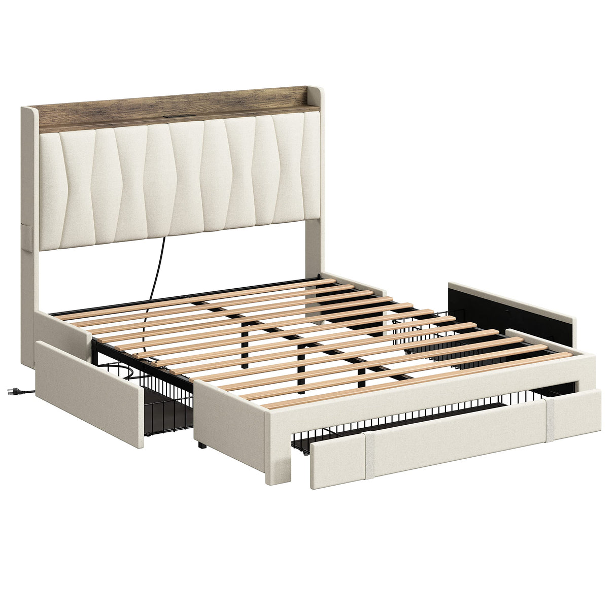 Queen Bed Frame with 3 Drawers, Upholstered Platform Bed with Storage Headboard