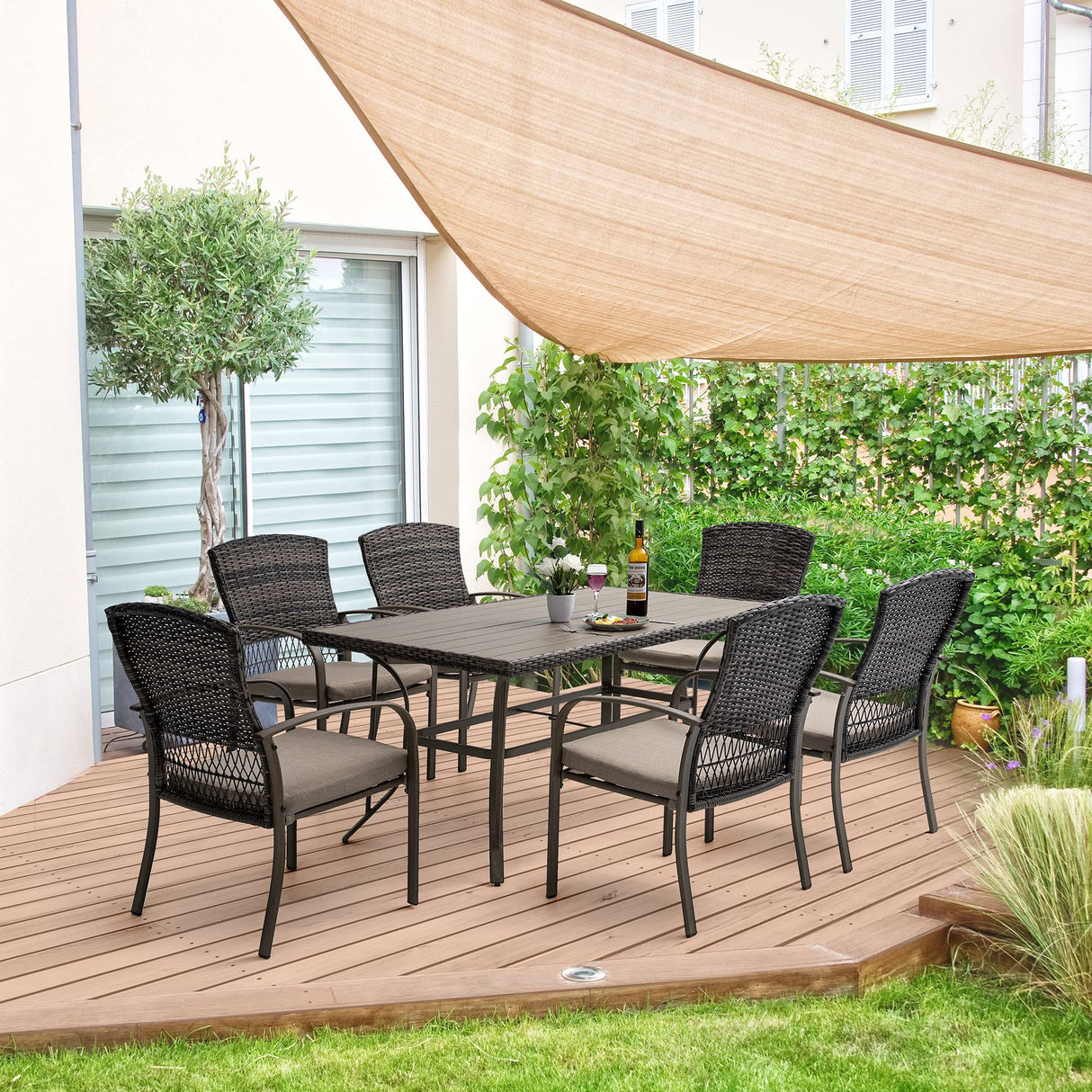 Patio Dining Set for 6, 7 PCS Patio Table & Chair Set, Metal Slatted Table
