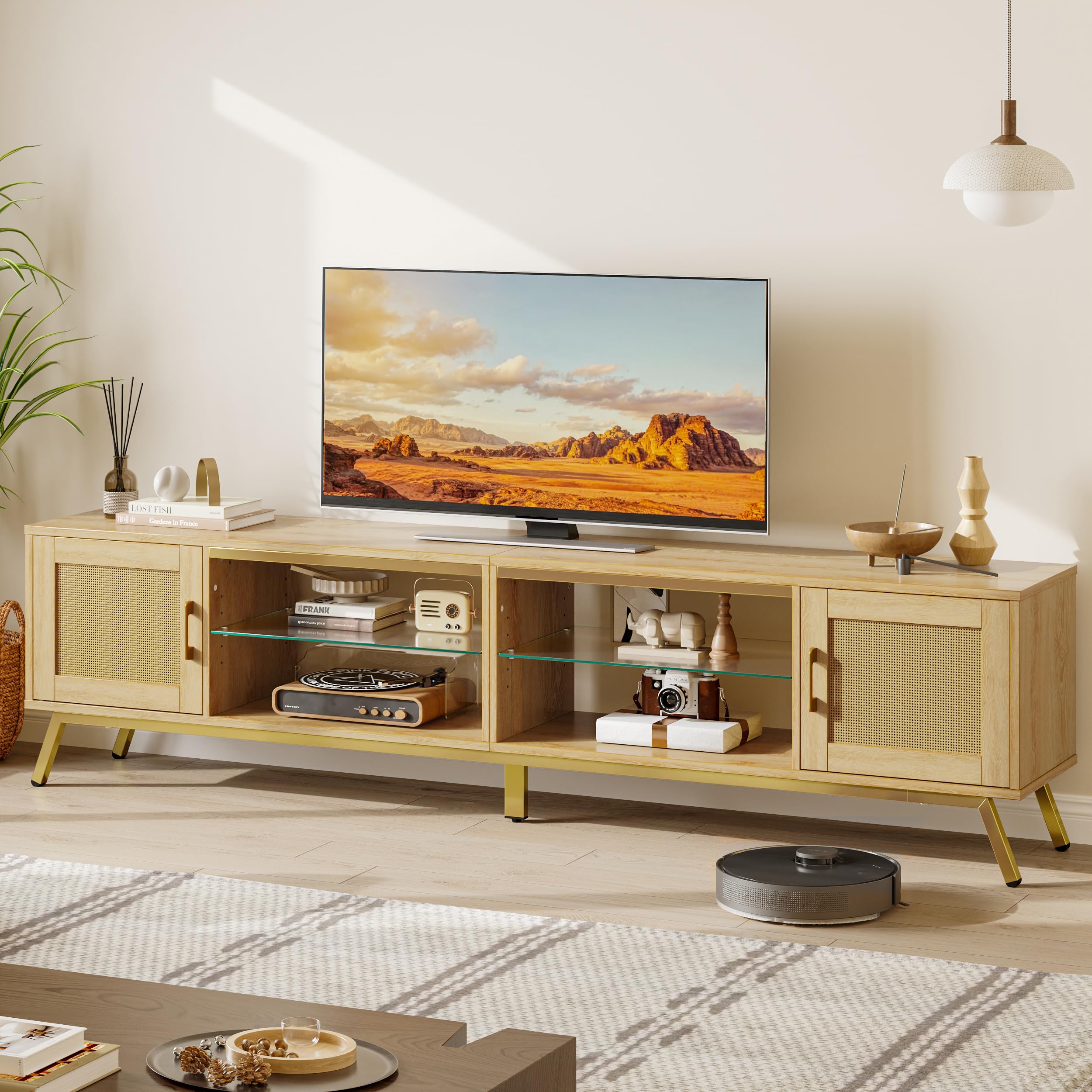 80 Inch Natural Rattan TV Stand with LED Lights