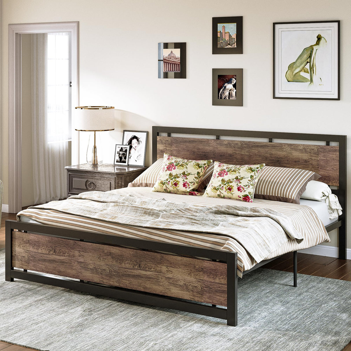 King Bed Frame with Headboard and Footboard, Metal Strong Supports, Easy Assembly,