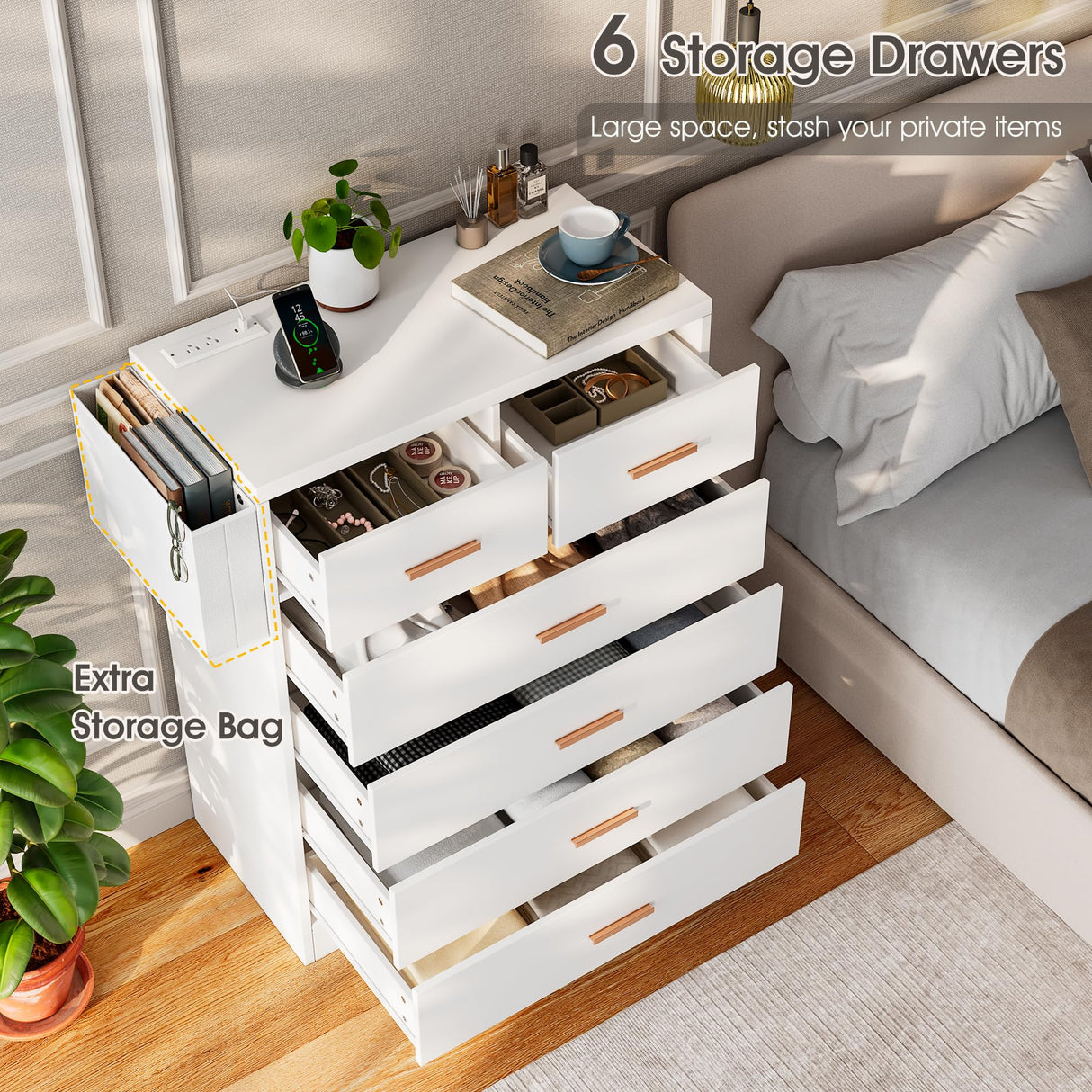 6 Drawer Dresser for Bedroom with Charging Station, Modern Chest of Drawers for Closet,