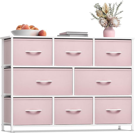 Dresser with 8 Faux Wood Drawers - Chest Organizer Unit with Steel Frame Wood Top & Handle Easy Pull Fabric