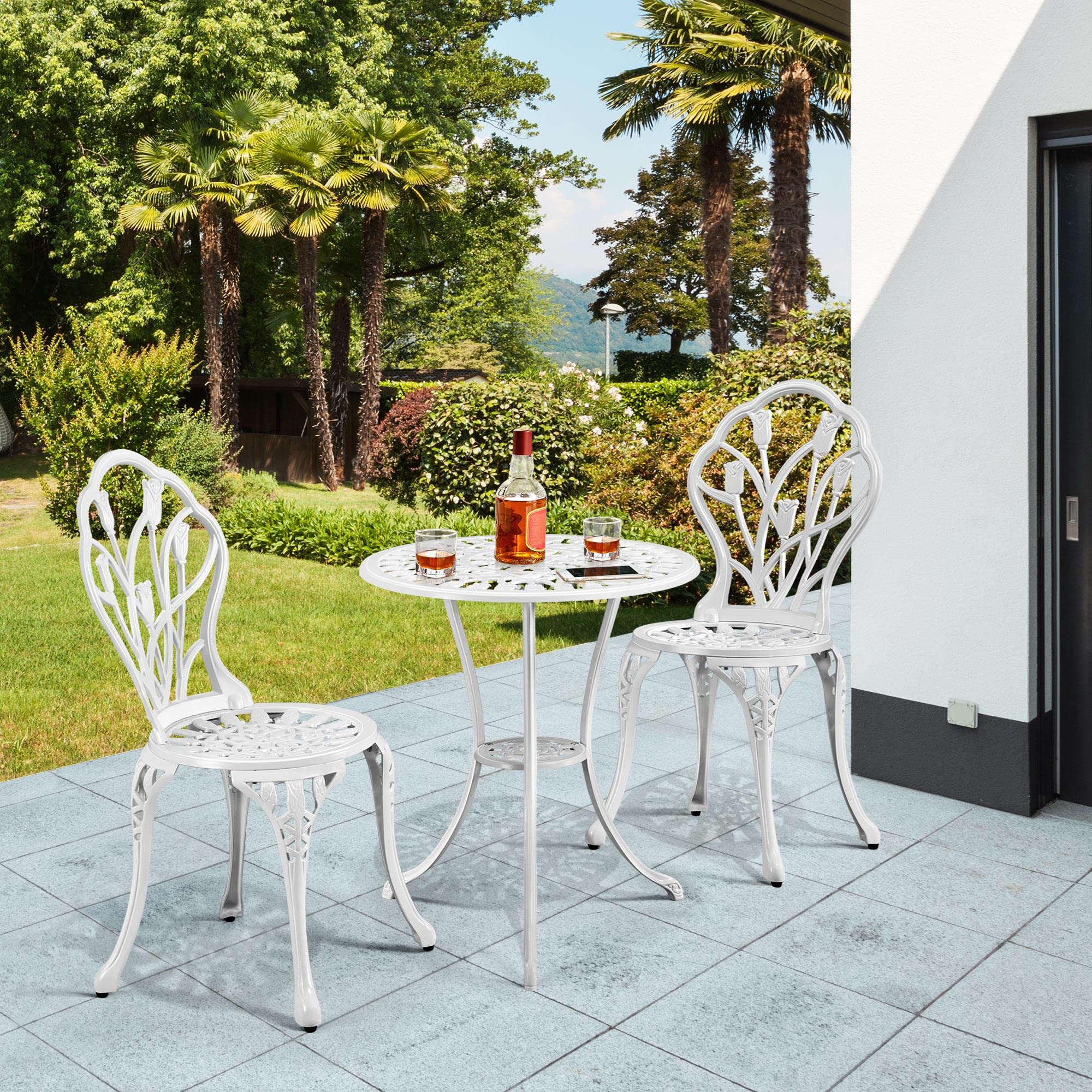 3-Piece Outdoor Bistro Set w/Floral Design, Rust-Resistant Cast Aluminum Table and Chairs w/Umbrella Hole for Balcony, Backyard, Garden, White