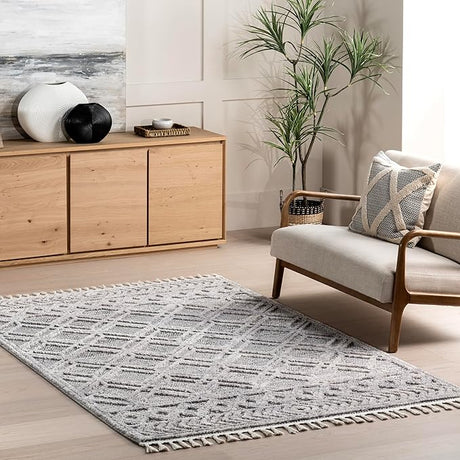 8x11 Ansley Moroccan Tassel Area Rug, Grey, High-Low Textured Bohemian Design