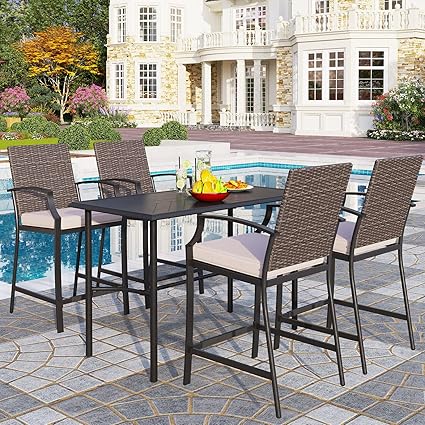 PHI VILLA 7 Piece Outdoor Bar Set, Counter Height Patio Bar Furniture Rectangle Dining Table and 6 Swivel Bar Stools Chairs with Brown Textilene Fabric for Garden,Yard and Deck