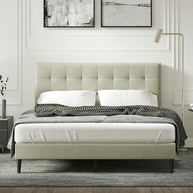 Kaya Upholstered Platform Bed Frame/Buttonless Tufting/Mattress Foundation/Wood Slat Support/No Box Spring Needed/Easy Assembly, Gray, King