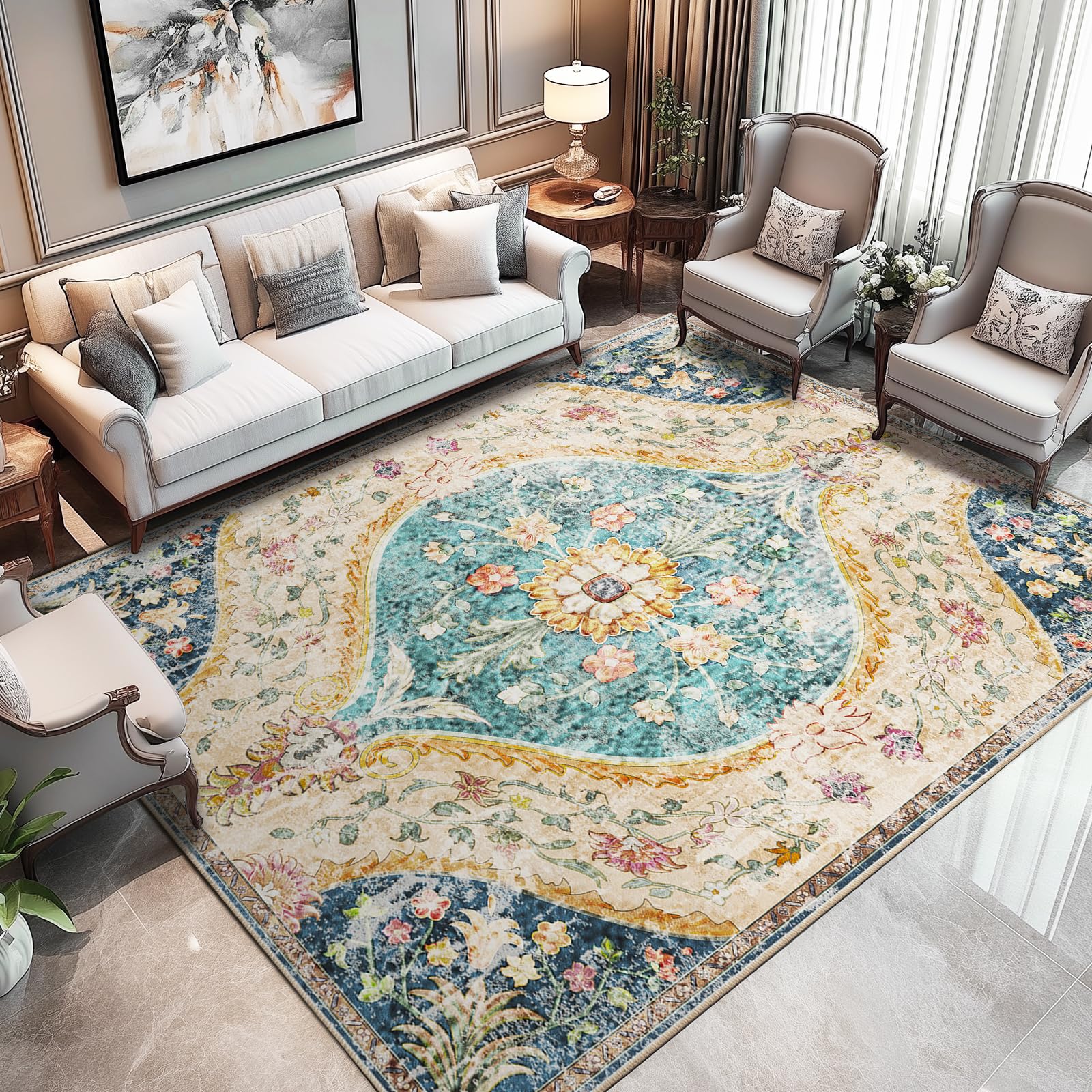 8x10 Area Rugs for Living Room Machine Washable Vintage Boho Rugs Bedroom Carpet Non Slip Low Pile
