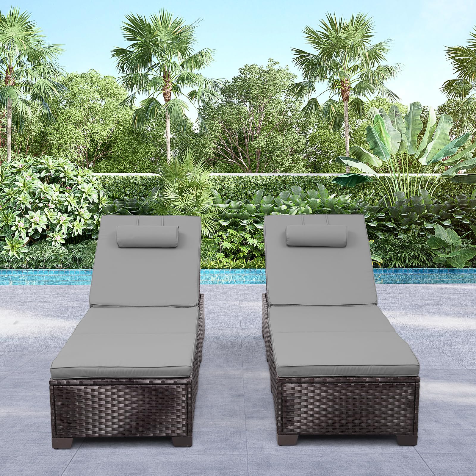 Rattan Star Brown Wicker Patio Chaise Lounge Chairs Set of 2 Outdoor Chaise Lounge Pool Lounge Chairs Poolside Recliner Chairs with Grey Cushions and Headrest