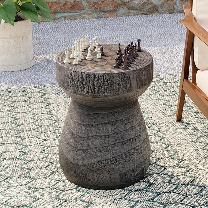 Outdoor Side Table w Chessboard, 14''Concrete Faux Wooden Garden Stool,