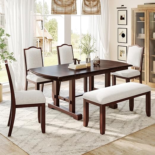 6-Piece Extendable Wood Dining Table Set with Upholstered Chairs