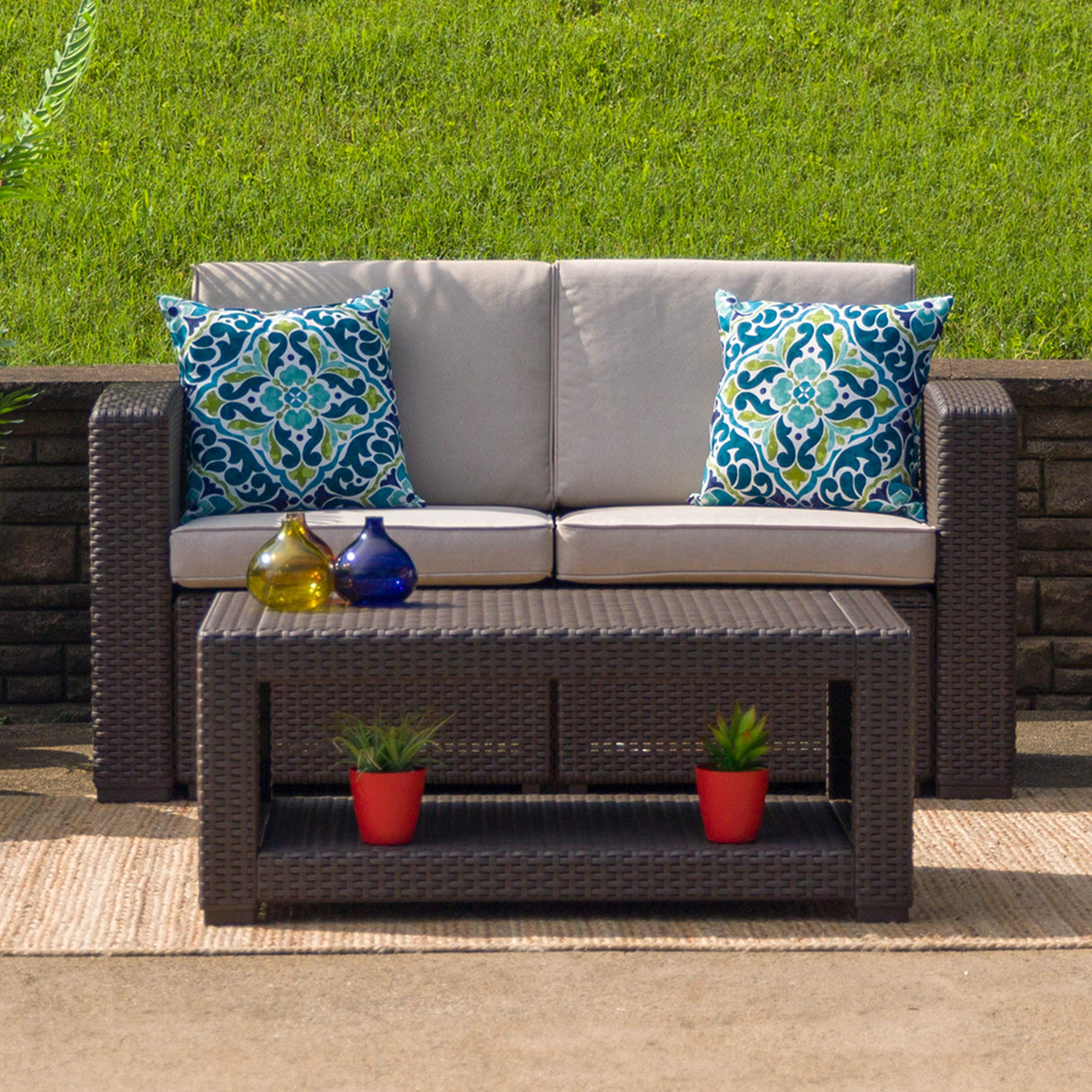 Seneca Chocolate Brown Faux Rattan Loveseat with All-Weather Beige Cushions