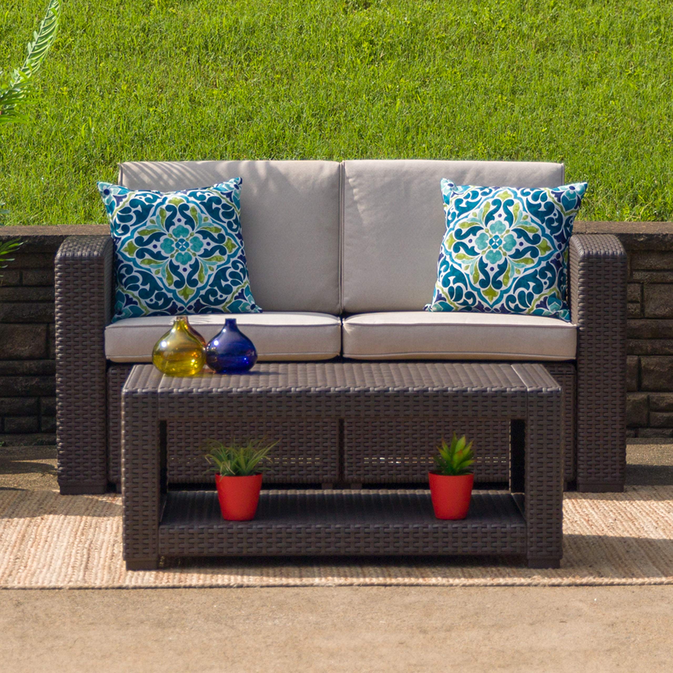 Seneca Chocolate Brown Faux Rattan Loveseat with All-Weather Beige Cushions