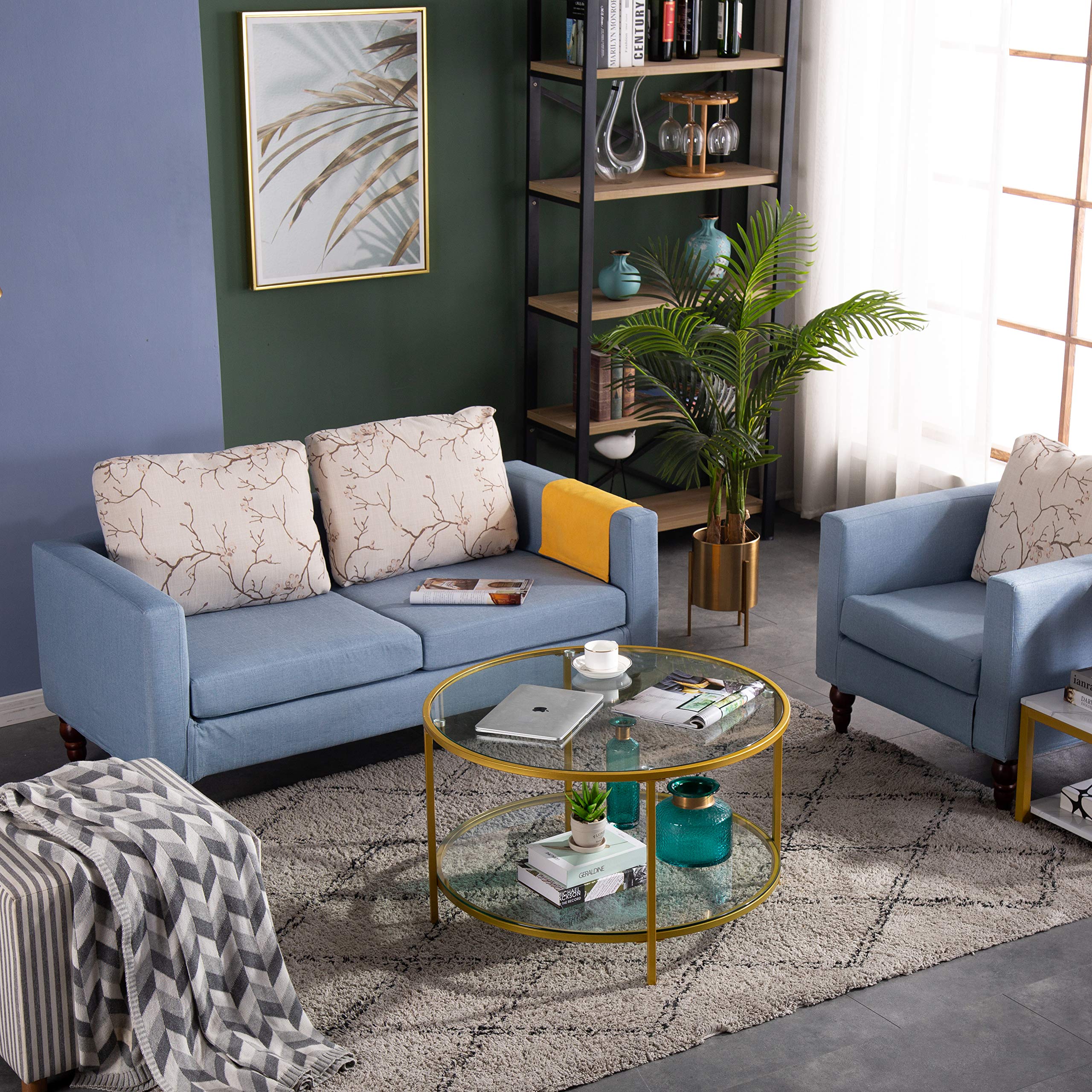 31.5" Round Coffee Table with Open Storage Shelf,2-Tier Temperred Glass Round Accent