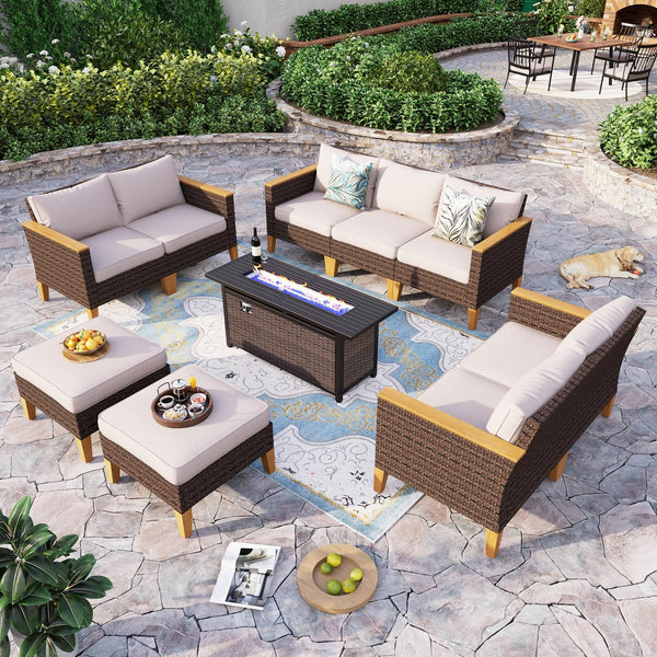 Oversized Patio Furniture Set with Fire Pit Table, Outdoor Wicker Rattan Sectional Sofa