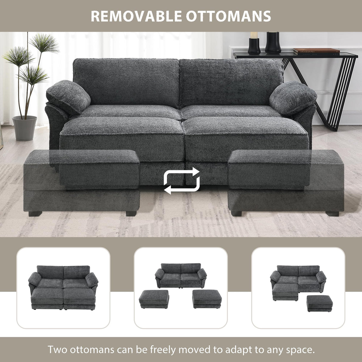 Deep Seat Sectional Sofa with 2 Ottoman, 81" Chenille Large Loveseat Sofa Sleeper