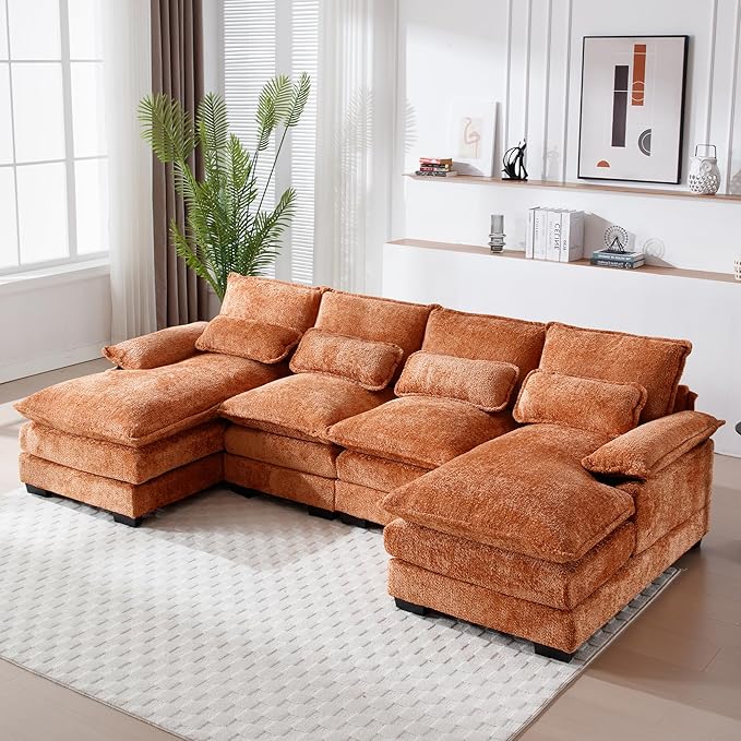 CloudNest 110" U-Shaped Chenille Sectional Sofa – Soft Plush Couch with Pillows