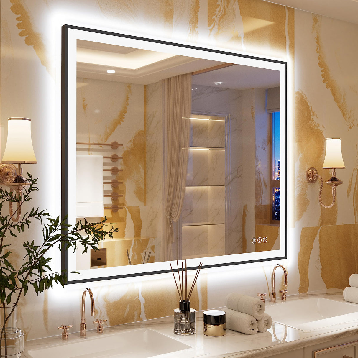 LED Bathroom Mirror 48x40 with Backlit and Front Lighted, Framed Dimmable