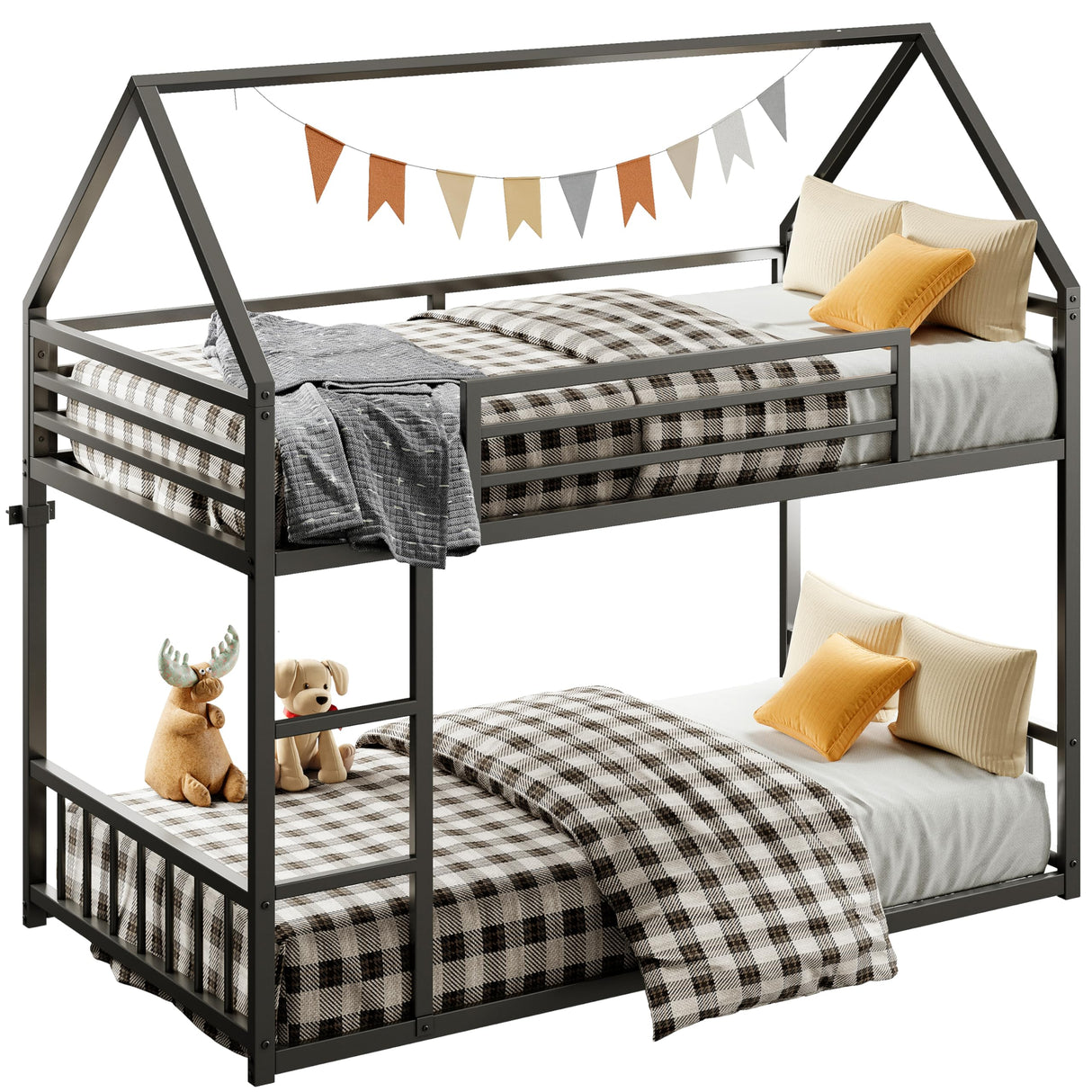 Bunk Bed Twin Over Twin, House Bunk Bed Frame with Ladder and Guardrail