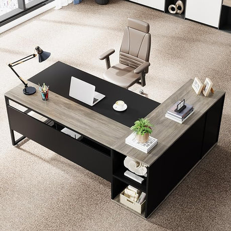 71 inch Executive Desk, L Shaped Desk with Cabinet Storage, Executive Office Desk