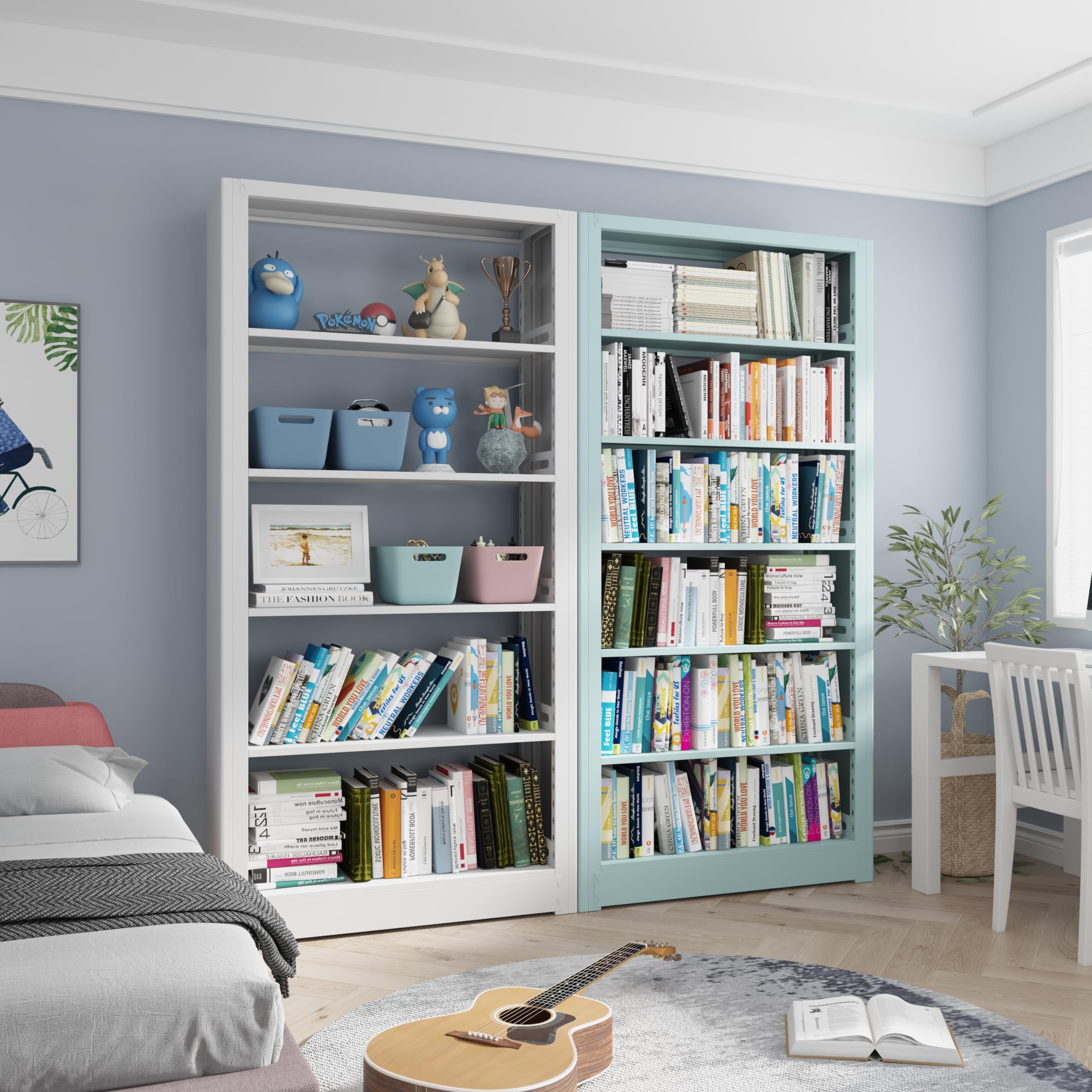 5-Tier Bookshelf, White Bookshelf with Adjustable Storage Shelves
