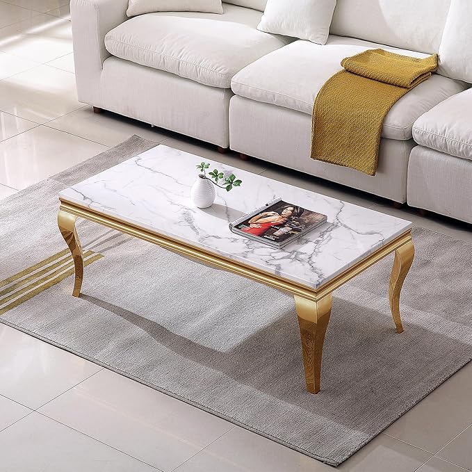 47" Marble Coffee Table, Modern Faux White Marble Coffee Table with Stainless Steel Legs