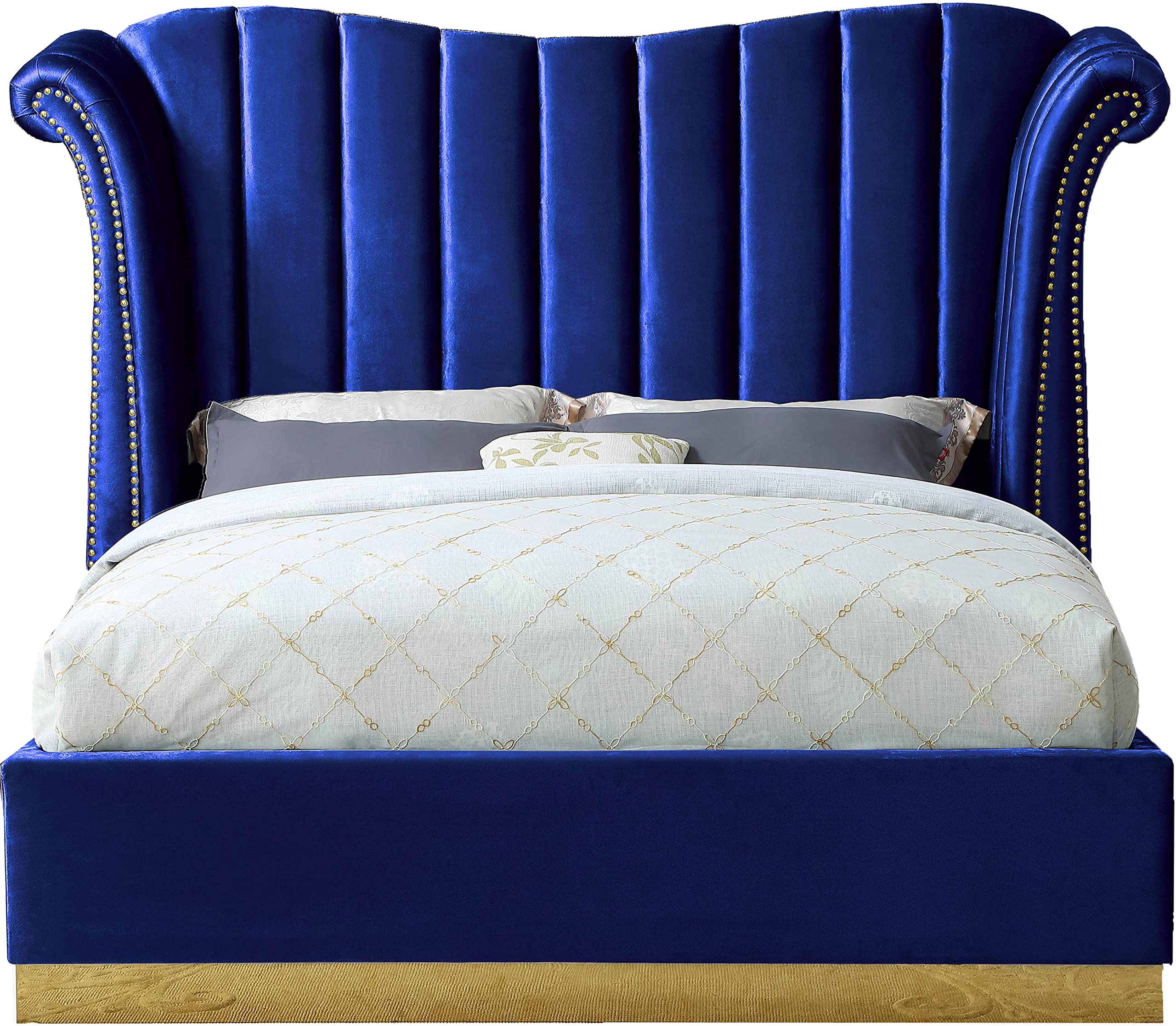 Flora Collection Modern | Contemporary Velvet Upholstered Bed Nailheads, Deep Channel Tufting and Gold Metal Base, King, Blue