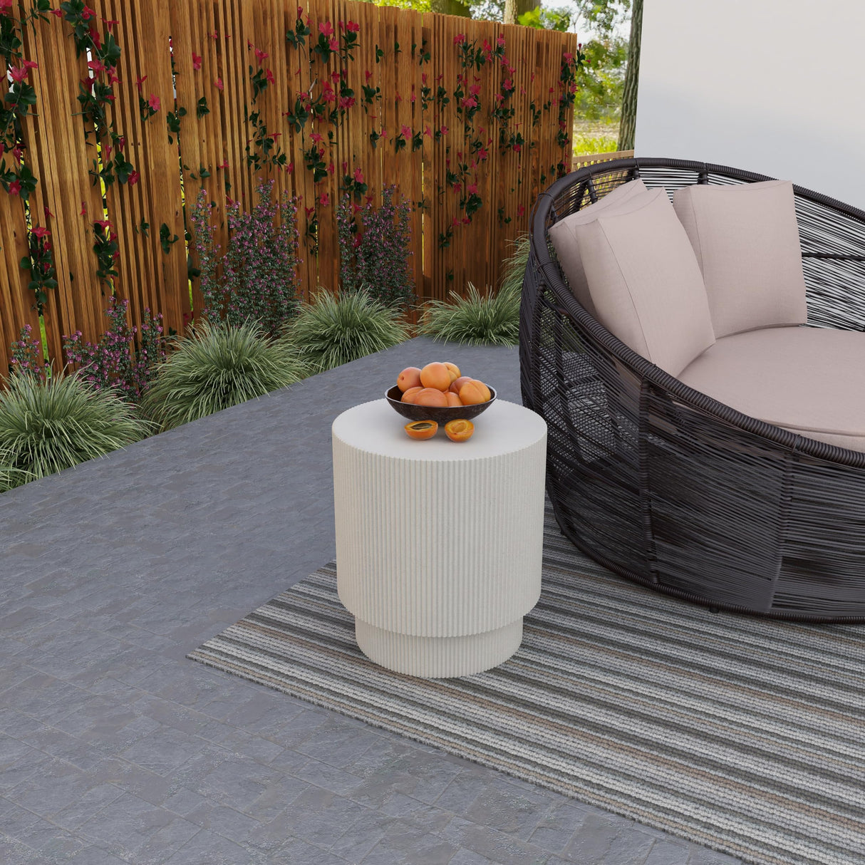 LeisureMod Modern Side Table Round Fiberstone Top Accent End Table for Home, Outdoor Patio, Living Room Sofa, Weather - Resistant, Eden Series in White - Bircata