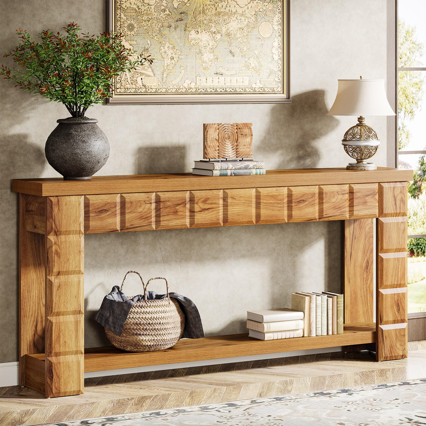 70.9" Extra Long Console Table, Farmhouse 2-Tier Entryway Table with Storage