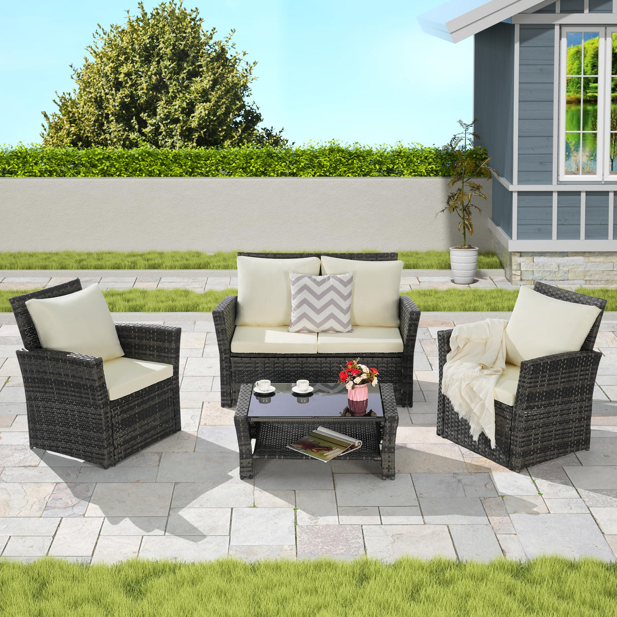 4 Pieces Outdoor Patio Furniture Set with Rattan Chairs and Tempered Glass Table