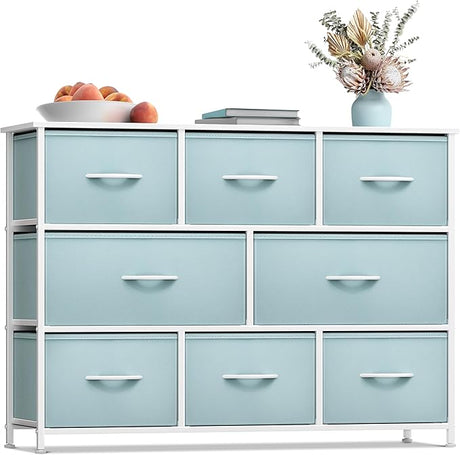 Dresser with 8 Faux Wood Drawers - Chest Organizer Unit with Steel Frame Wood Top & Handle Easy Pull Fabric