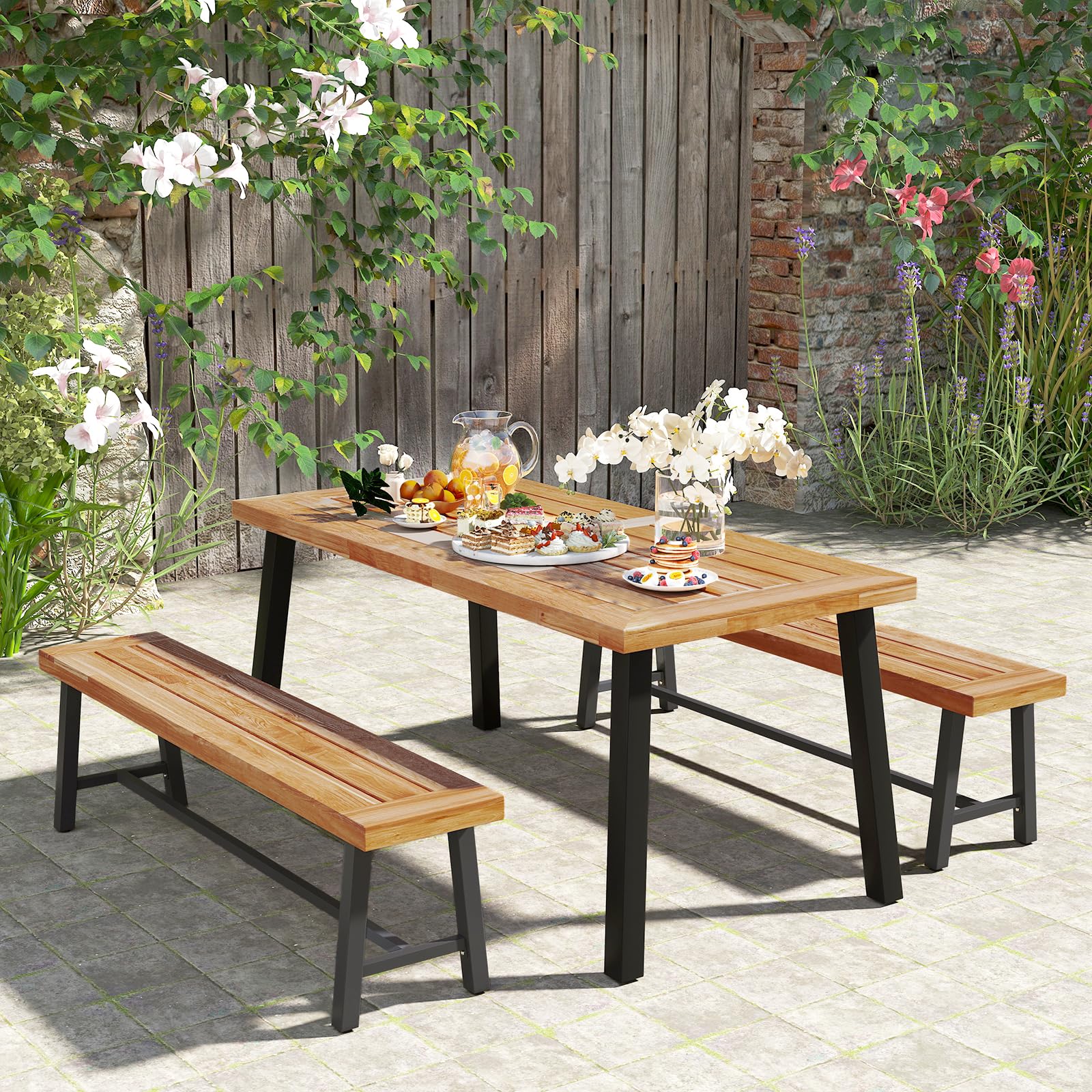 Outdoor Bench Garden Bench Set of 2, 63" Backless Acacia Wood Bench