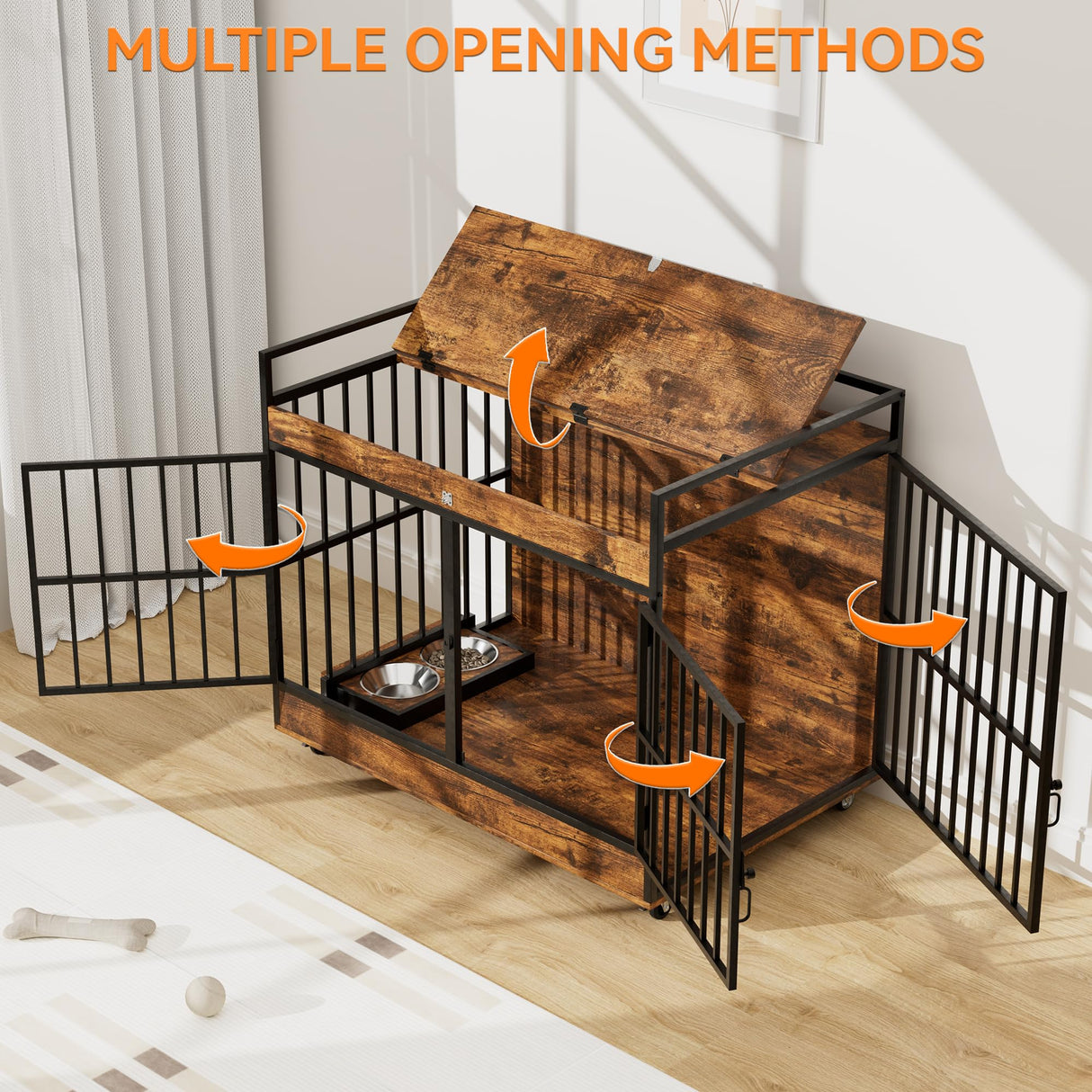 45" Heavy Duty Dog Crate Furniture with Stainless Steel Bowls