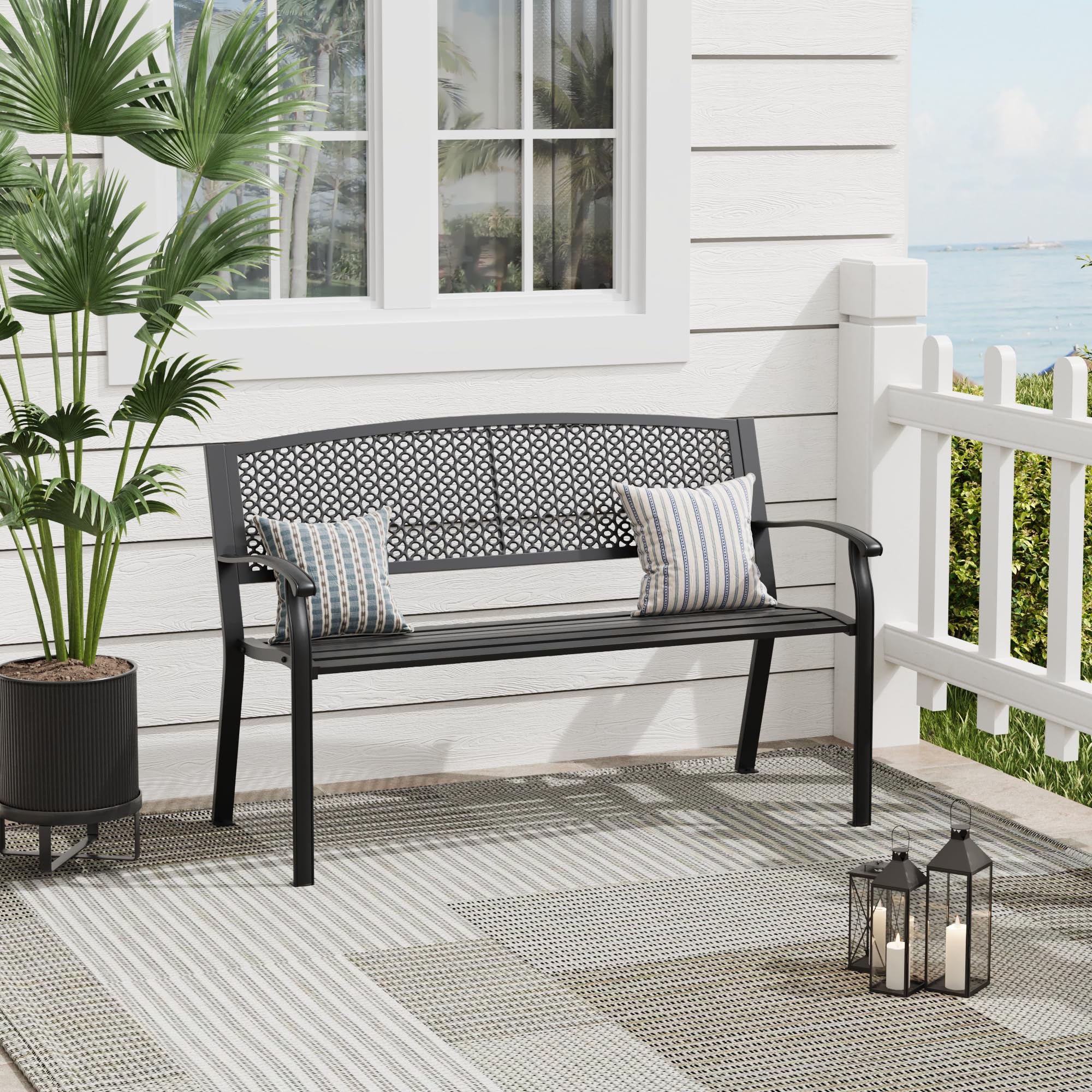 Outdoor Bench, 50 inches Metal Garden Bench, Cast Iron Steel Frame Patio Chairs