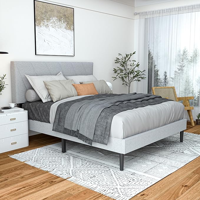 Queen Size Upholstered Bed Frame with Adjustable Headboard and Sturdy Wooden Slats,