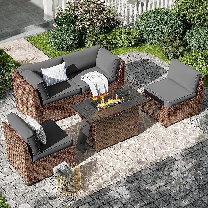 7 Pieces Patio Furniture Set, Outdoor Furniture Sectional Sofa Set with Slanted Back
