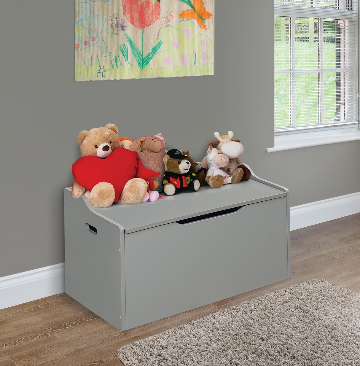 Bench-Top Wooden Toy Box in Gray – Safe Storage Chest with Dual Safety Hinges, Side