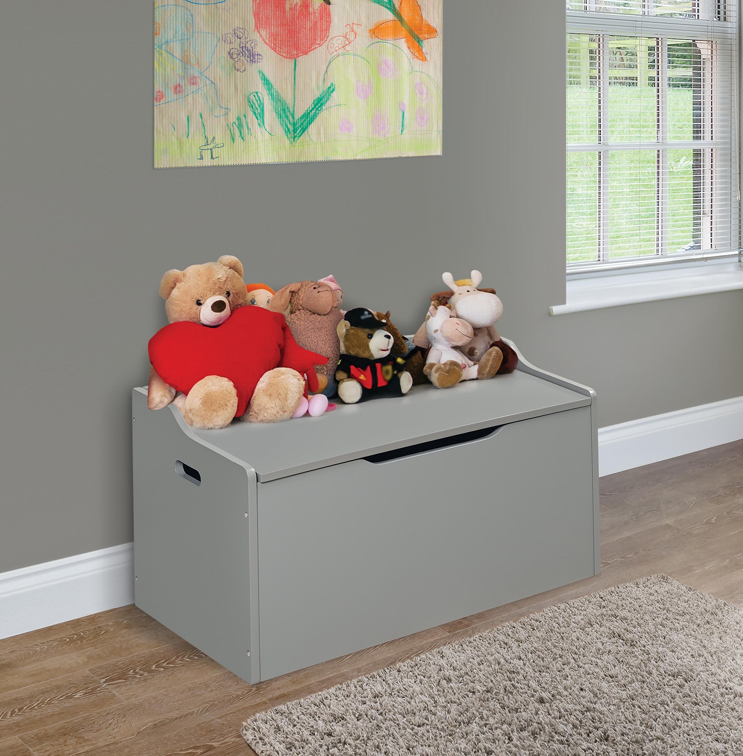 Bench-Top Wooden Toy Box in Gray – Safe Storage Chest with Dual Safety Hinges, Side