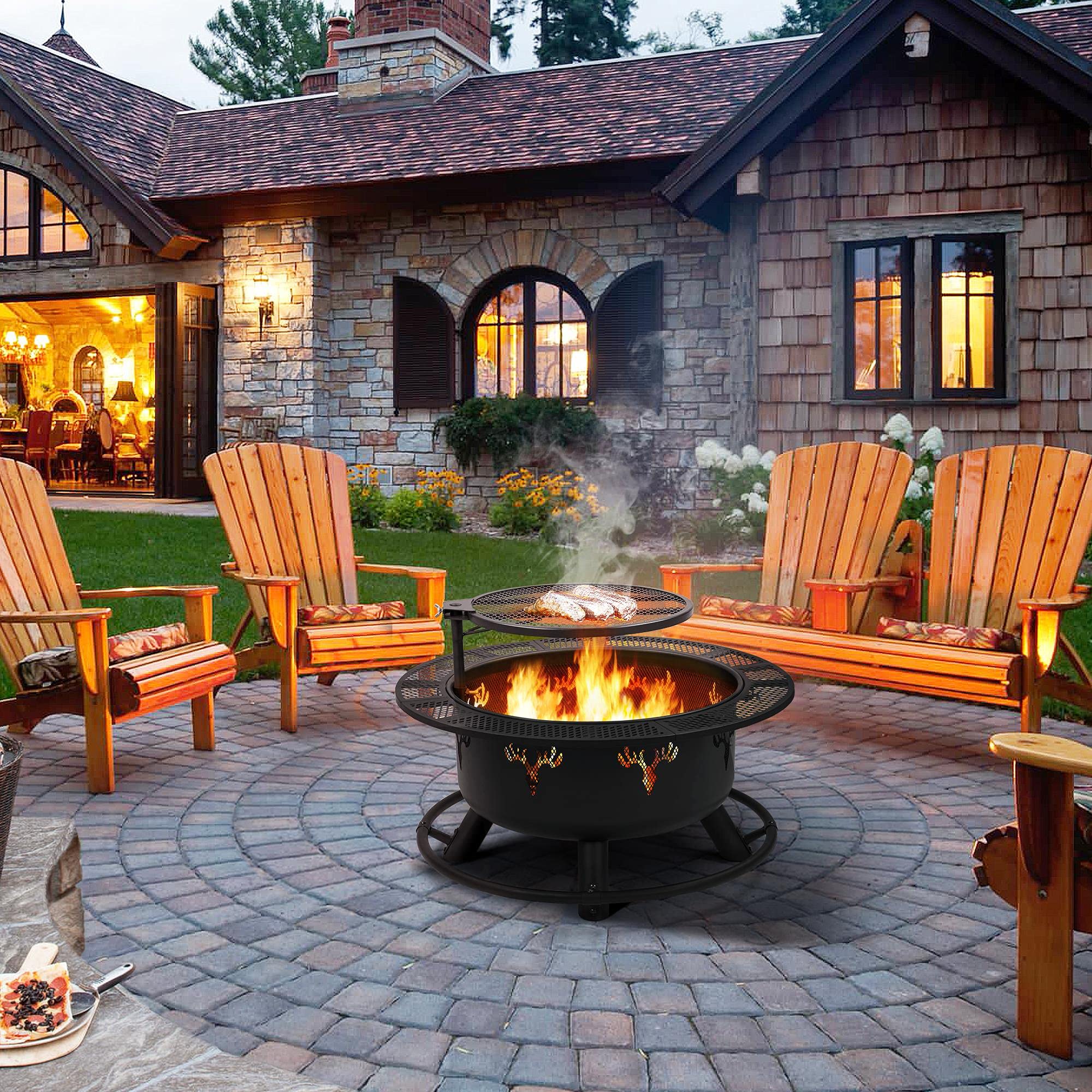 32in Fire Pit Outdoor Wood Burning Firepits Outdoor Fireplace with 18.5 Inch Swivel